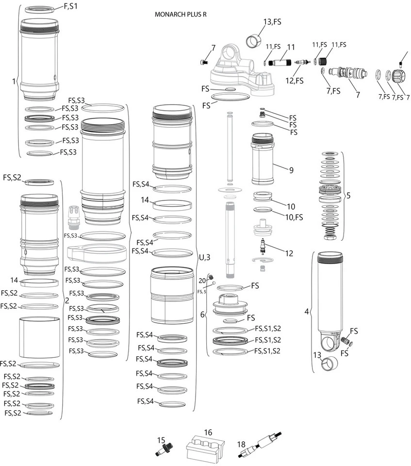 ROCKSHOX Ersatzteile Monarch Plus R (B1-B4 / 2014-2020) 1 ROCKSHOX Ersatzteile Monarch Plus R (B1-B4 / 2014-2020)